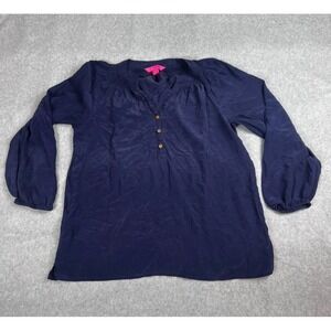 Lilly Pulitzer Elsa Silk Blouse Navy Smocked Gold Button Top LARGE Preppy Chic